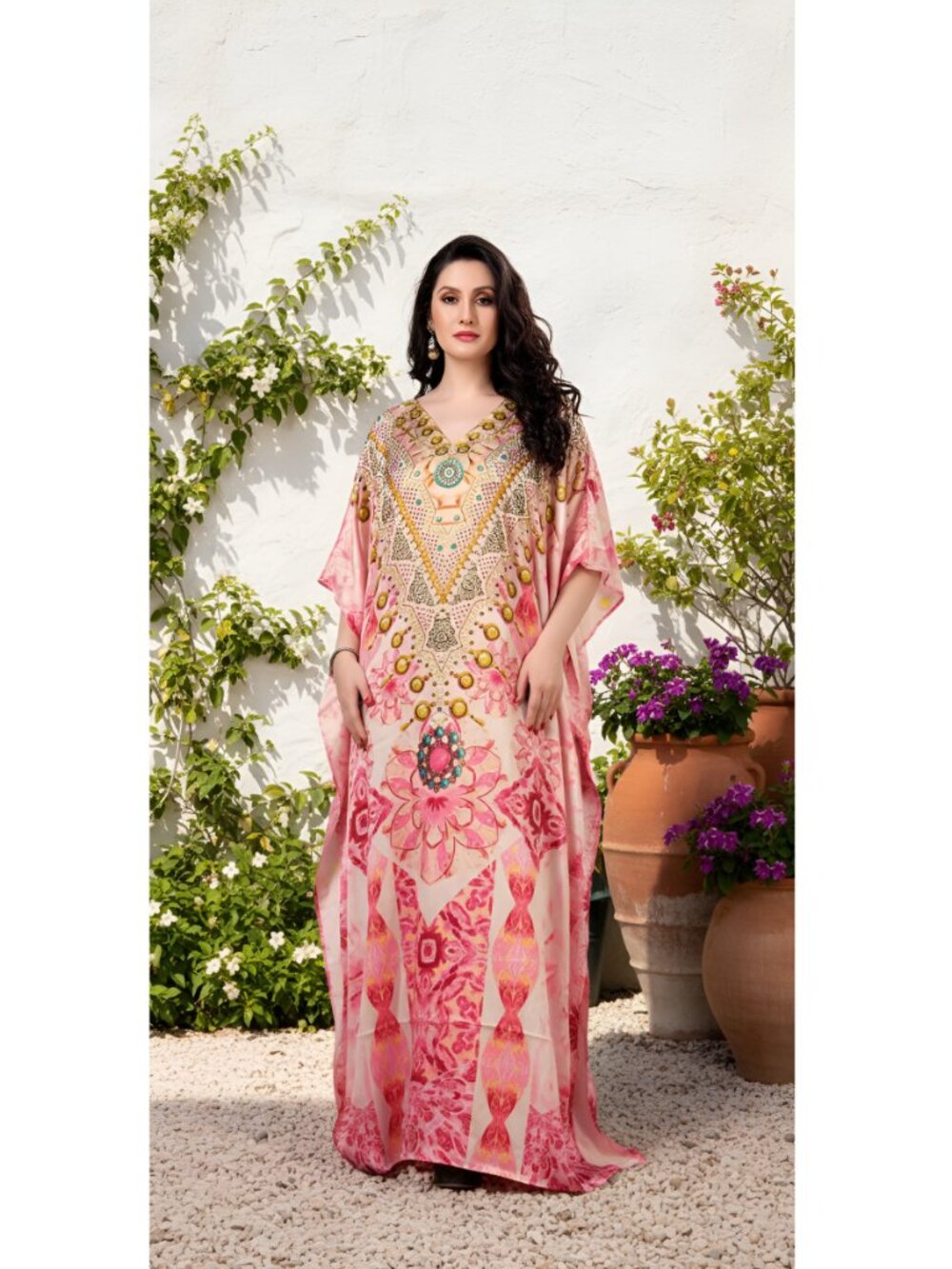 Gypsie Blu Woman Pink Floral Satin Silk Kaftan Elegant Plus Size Resort Wear